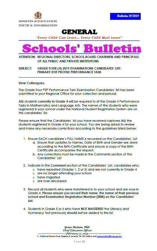 Bulletin 19-2019-Grade FOUR PEP Performance Task 2019 Examination Candidates’ List