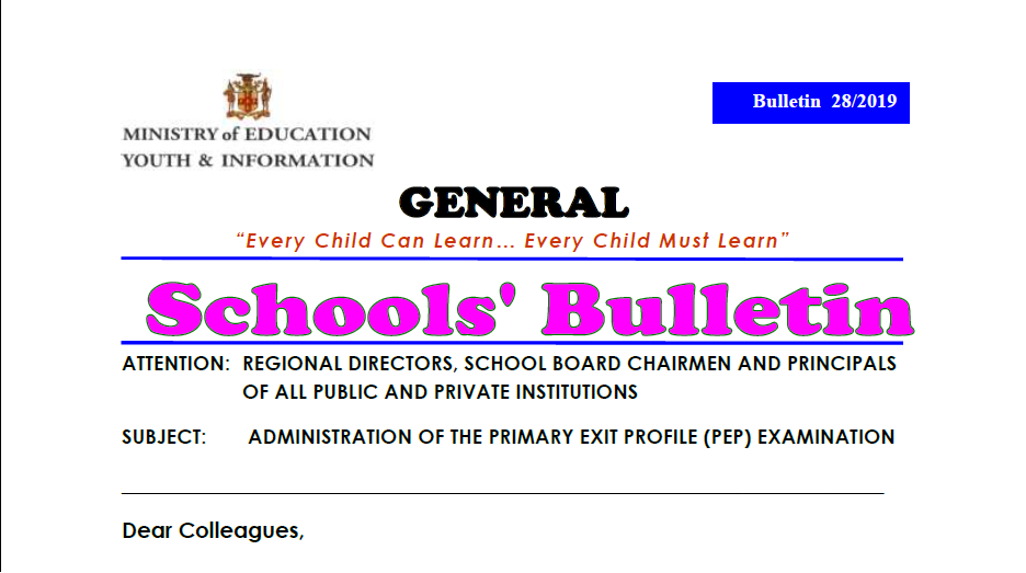 Bulletin 28/2019 – ADMINISTRATION OF THE PRIMARY EXIT PROFILE (PEP) EXAMINATION