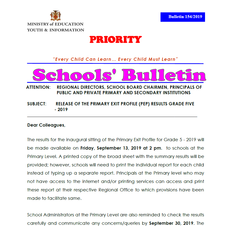 Release of the PEP Results Grade 5 – 2019