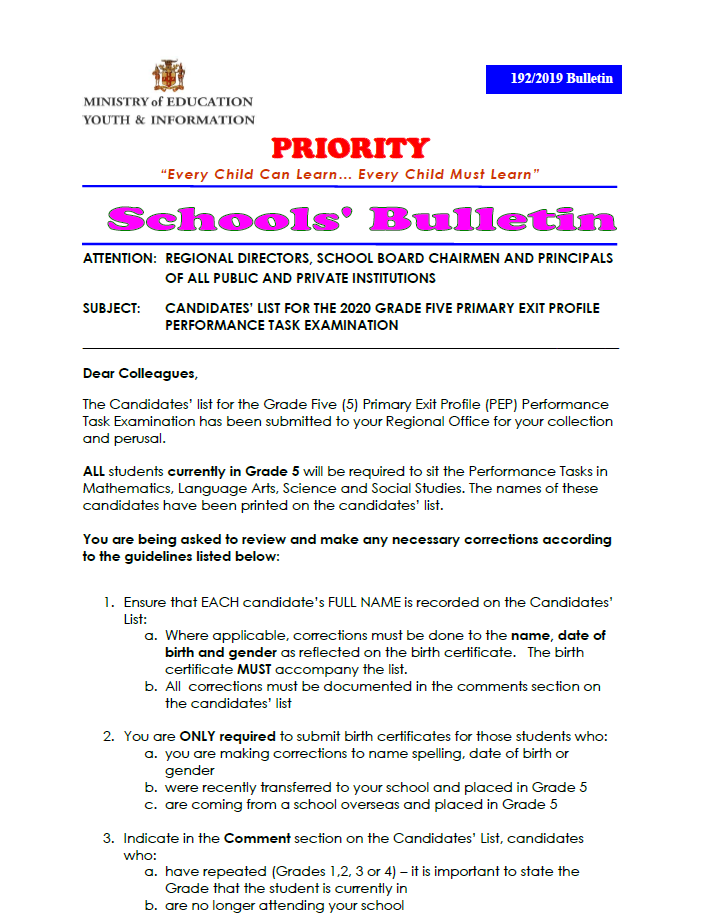 Bulletin 192-2020 Candidates’ List for the 2020 Grade Five PEP Performance Task