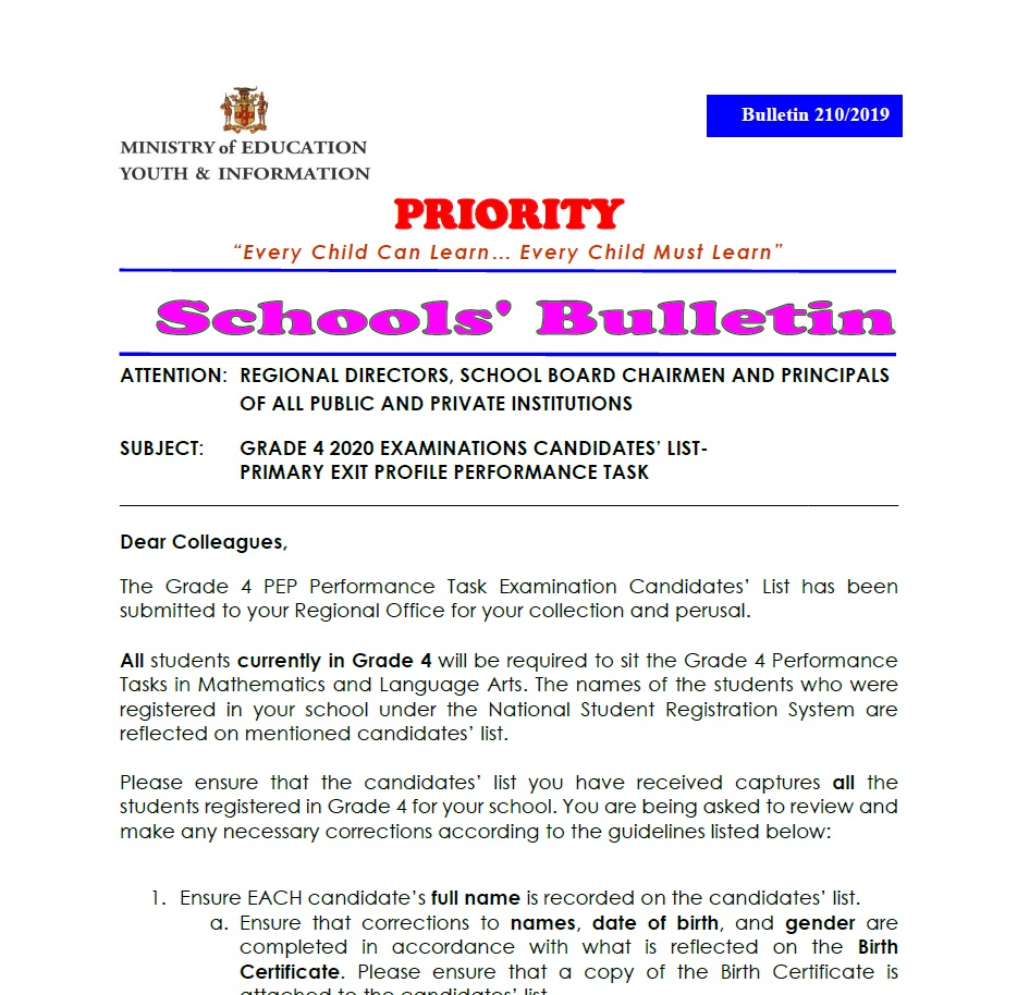 Schools Bulletin 210-2019 Grade 4 2020 Examination Candidates List