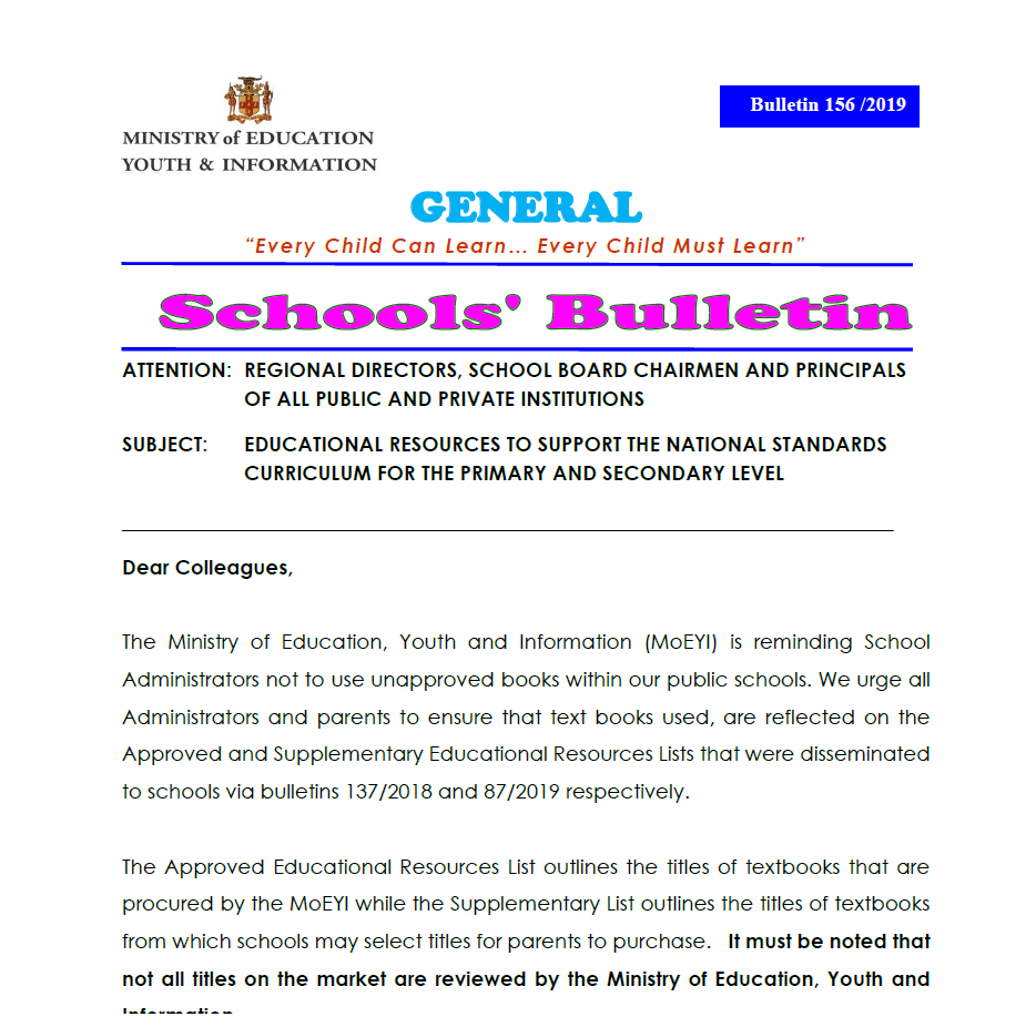 Bulletin 156-2020 Educational Resources to Support NSC for Primary & Secondary Schools
