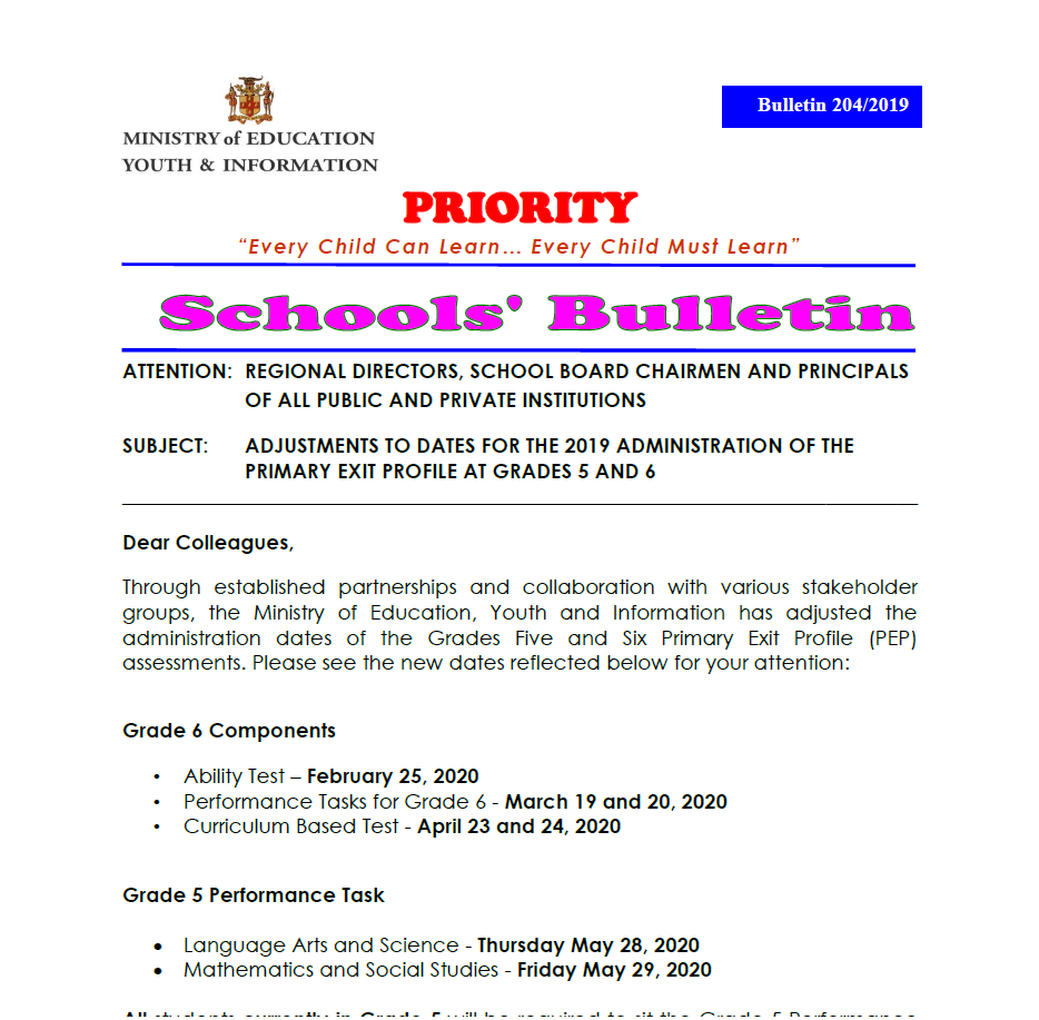 Bulletin 204-2019 Adjustments to Date for the 2019 Administration of The PEP Grade 5 and 6