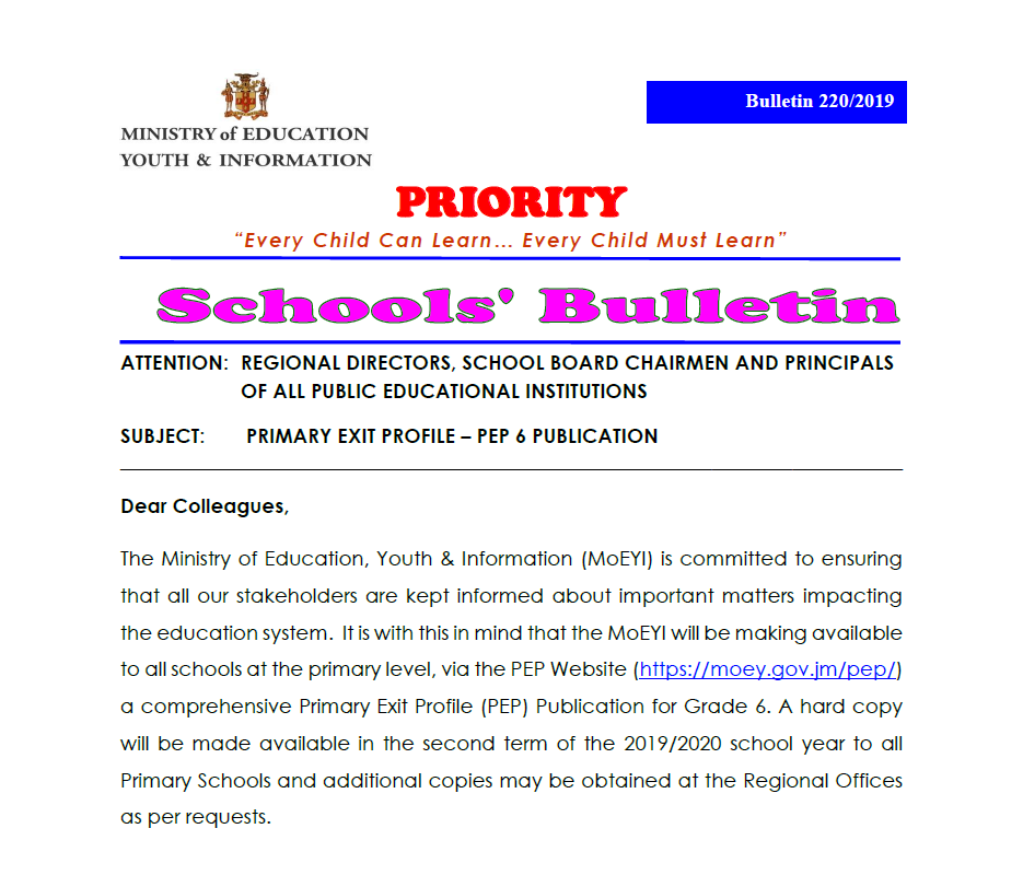 Bulletin 220-2019 Primary Exit Profile – PEP 6 Publication