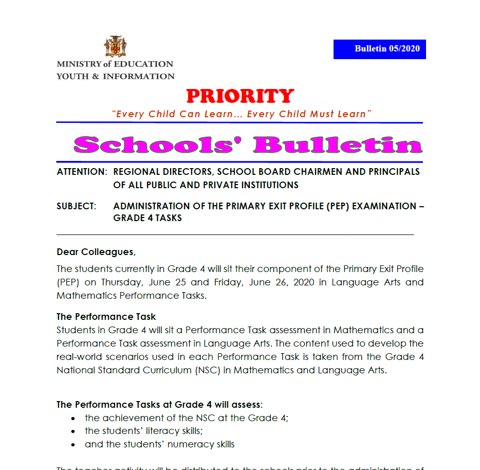 Schools Bulletin 05-2020 – Administration of PEP 2020 Grade 4 Performance Tasks
