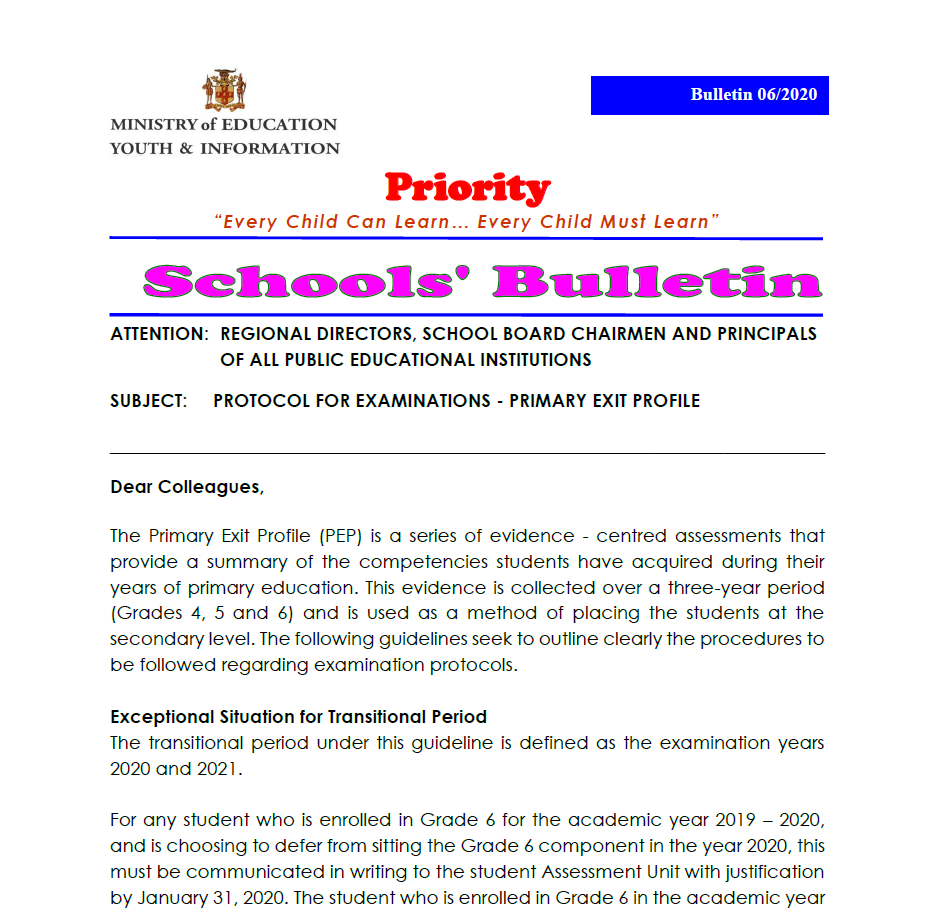 Bulletin 06-2020 Protocol for PEP Examinations